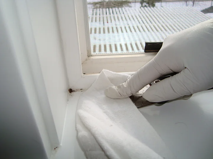 Window corner before cleaning, from a Jean's Cleaning Services job photo