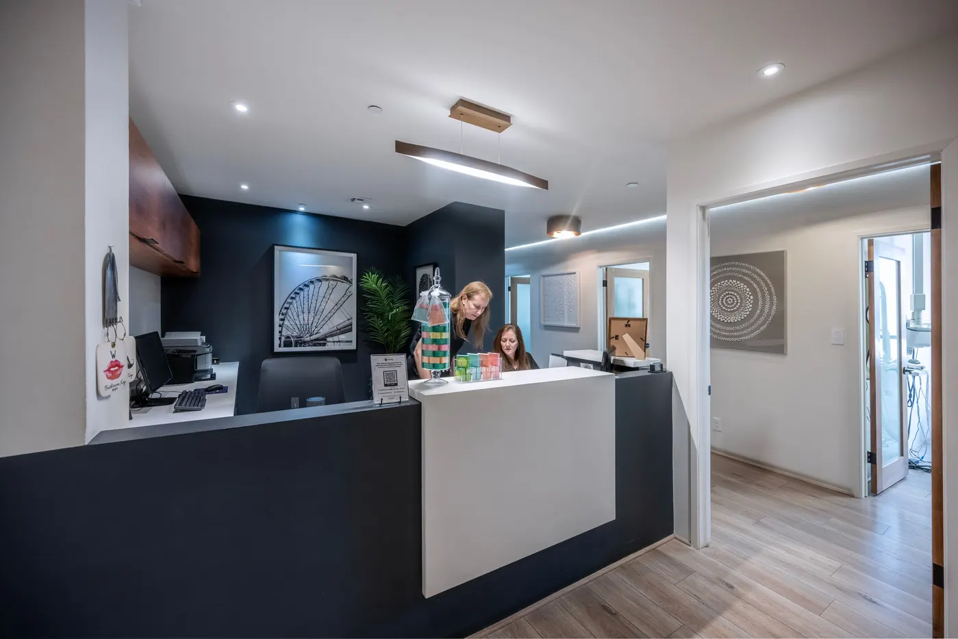 Stock photo of a clean, modern dental office reception desk