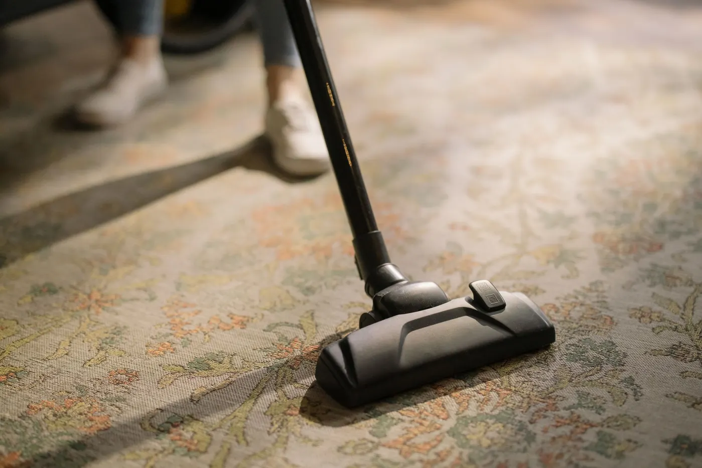 Stock photo of a vacuum on a patterned rug in a sunlit room